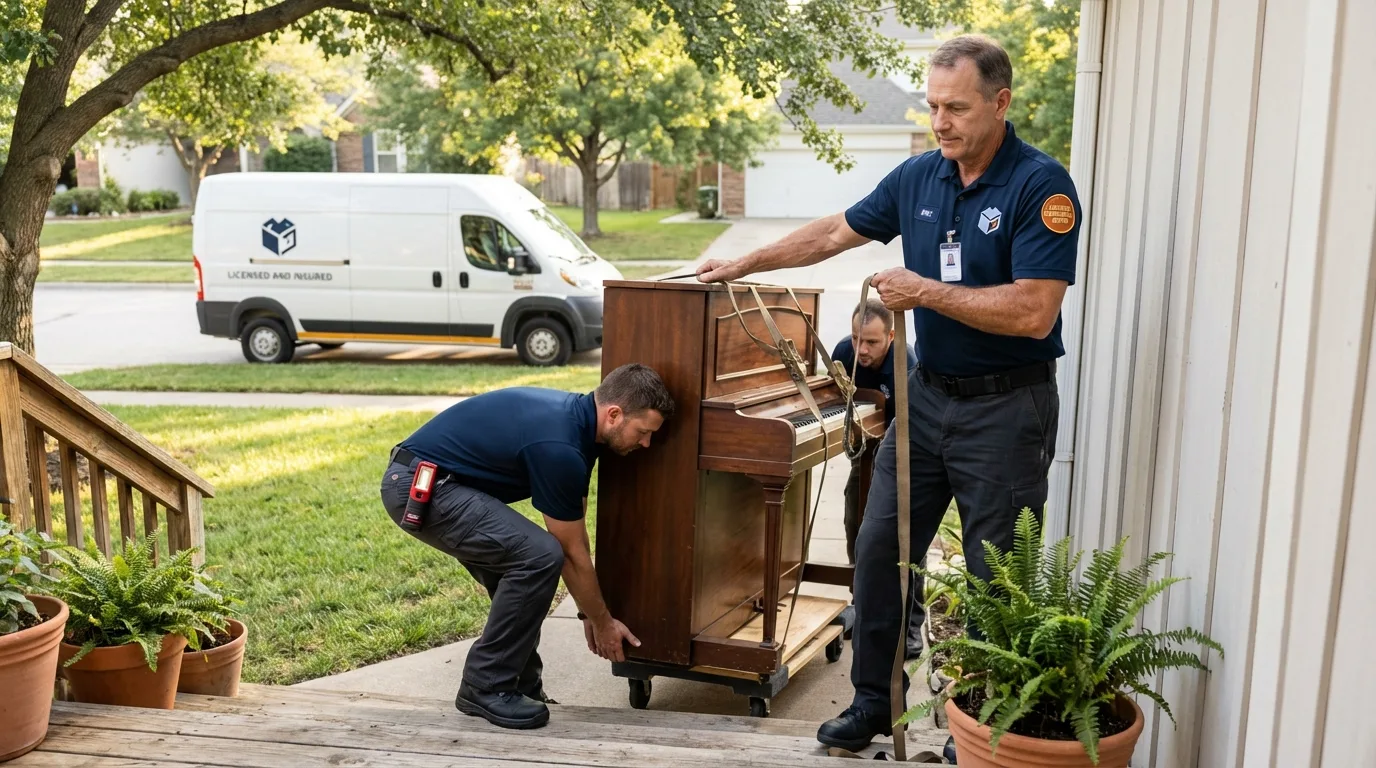 Licensed piano movers securing grand piano in Hagerstown, MD