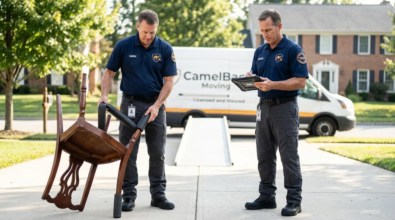 Movers inspecting furniture for damage prevention before loading in Hagerstown, MD